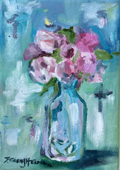Blue Vase and Pink Roses